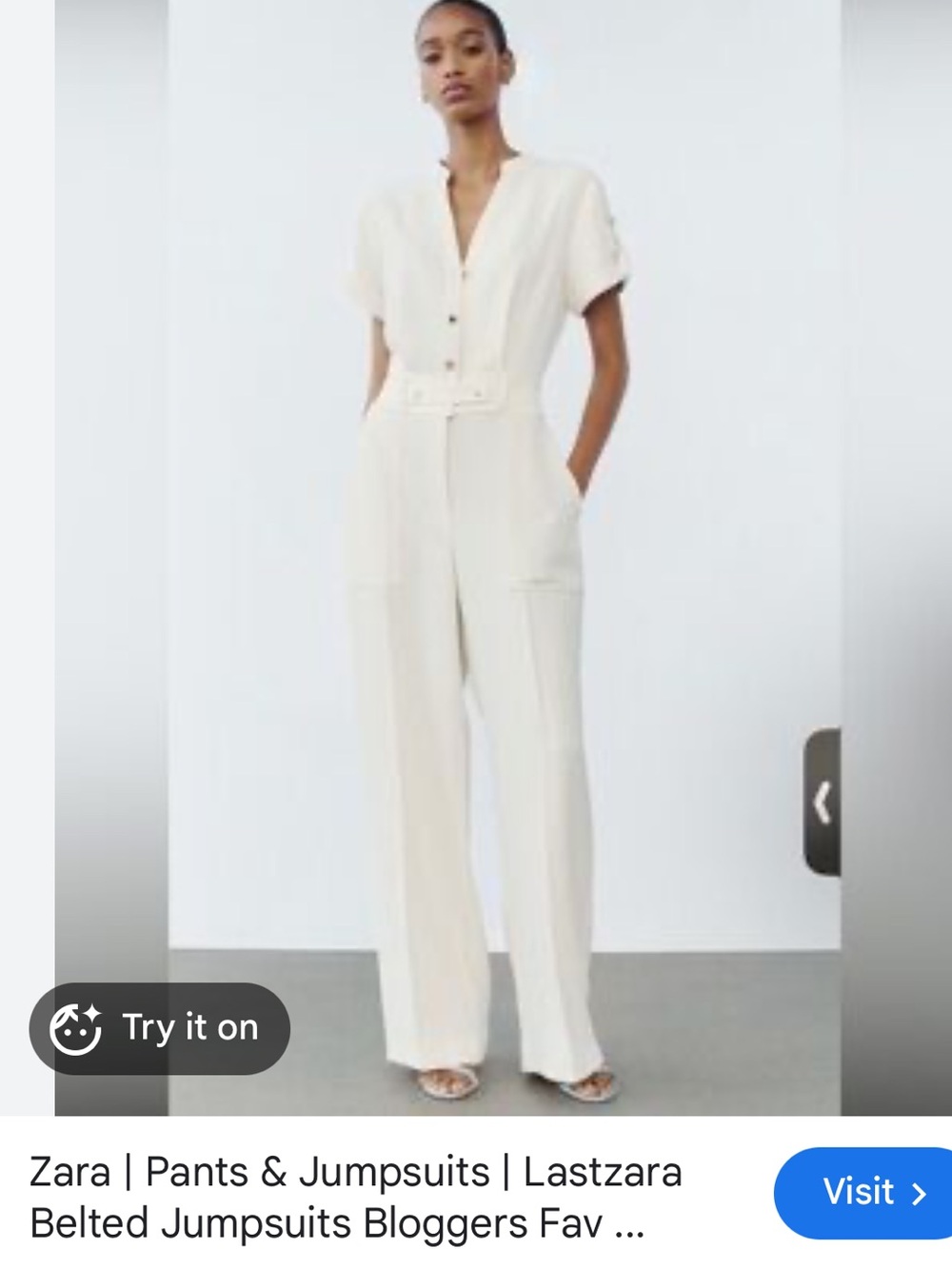 Zara Cream Short-Sleeve Belted Wide-Leg Jumpsuit